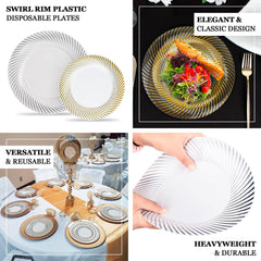 10-Pack Plastic 9" Round Dinner Plates Clear with Gold Swirl Rim - Disposable Party Plates for Classy Events & Banquets