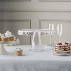 4-Pack Plastic Round Pedestal Cake Stands Clear - Reusable Cupcake Pastry Display Risers with Hollow Ribbon Trim Edges for Stylish Dessert Presentation 13"