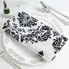 5 Pack Taffeta 20"x20" Napkins Black/White Damask Flocking Design - Decorative Dinner Napkins with a Luxurious Touch