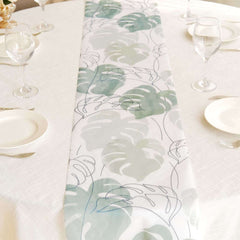 Disposable Table Runner 11"x108" White with Green Monstera Palm Leaves Print - Non-woven Stylish Spring Summer Dining Decor