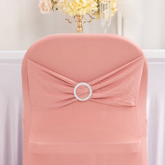 Stretch Spandex Chair Cover Dusty Rose for Folding Chairs - Secure Fit Slipcover with Silver Rhinestone Buckled Sash Band