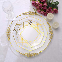 10-Pack Plastic 8" Octagon Dessert Plates in Clear - Modern Disposable Salad/Appetizer Plates with Gold Geometric Design for Special Occasions & Celebrations