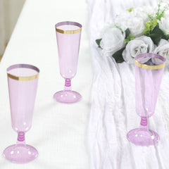 12-Pack Plastic Champagne Flutes Transparent Purple with Gold Rim - Stylish Disposable Cocktail Glasses for Parties 5oz 6"
