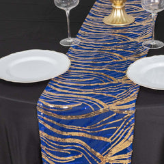 Sequin Mesh 12"x108" Table Runner Royal Blue/Gold Stylish Wave Embroidery