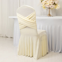 Ivory Spandex Banquet Chair Cover with Ruffle Skirt & Cross Back Sash – Stretch Slipcover for Events