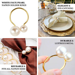 10 Pack White Pearl Gold Metal Napkin Holders Dining Table Decor, Elegant Round Wedding Napkin Rings - 2.5"