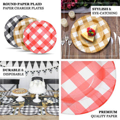 10-Pack Disposable Paper Charger Plates – Red/White Buffalo Plaid 13" Round Table Chargers, 350 GSM Cardstock