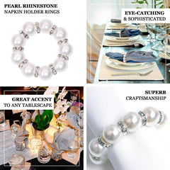 4 Pack 1.5" White Pearl Beads and Silver Rhinestone Napkin Rings, Elegant Round Serviette Buckle Napkin Holders