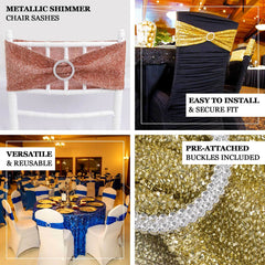 5 Pack Chair Sashes Shimmer Tinsel Spandex 5"x12" with Silver Rhinestone Buckles Rose Gold