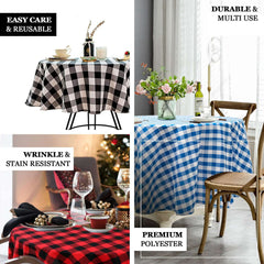 Polyester 108" Round Tablecloth White/Rose Quartz - Checkered Buffalo Plaid Design for Stylish Celebrations