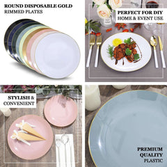 10-Pack Plastic 8" Round Dessert Plates in Sage Green with Gold Rim - Glossy Disposable Appetizer Salad Plates