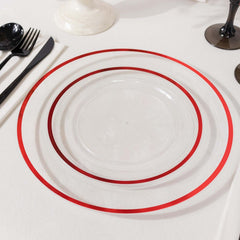 10-Pack Plastic 7" Round Appetizer Plates in Clear with Red Rim - Sleek Disposable Salad Plates for Banquets & Special Occasions