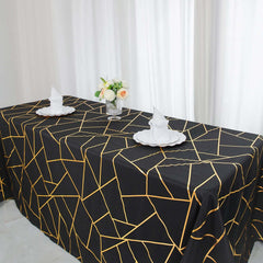 Polyester 90"x132" Rectangle Tablecloth Black Seamless with Gold Foil Geometric Pattern - Wrinkle-Resistant Seamless Table Cover