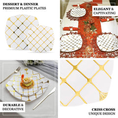 10-Pack Plastic 10" Square Dinner Plates in White with Gold Diamond Lattice Pattern - Disposable Party Plates for Weddings, Banquets & Special Events