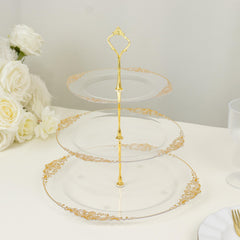 3-Tier Clear Plastic Cupcake Tower Stand with Gold Embossed Baroque Rim, 13" Round Cake Dessert Holder Display Stand Tiered Serving Tray with Top Handle