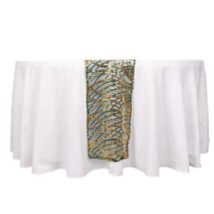 Sequin Mesh 12"x108" Table Runner Hunter Emerald Green/Gold Stylish Wave Embroidery