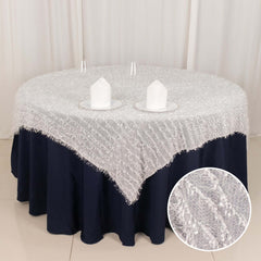 Polyester 72"x72" Table Overlay Square Tablecloth White Fringe Shag Design for Stylish Celebrations