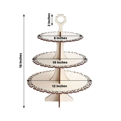 3-Tier Wooden Cupcake Stand Floral Edge Design Natural - Rustic Round Dessert Display Table Centerpiece 16"