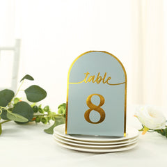 25-Pack 7" Disposable Table Numbers, Dusty Blue Free Standing Double Sided Table Number Place Cards with Metallic Gold Foil Numbers 1-25