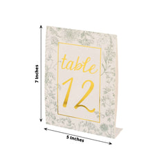 25-Pack Paper Wedding Table Numbers 1-25 White/Sage Green French Toile Design - Free Standing Double Sided Table Signs with Glam Gold Foil Numbers 7"