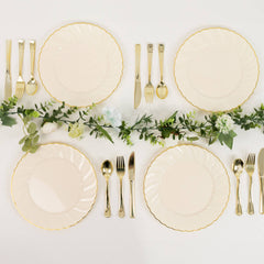 10-Pack Plastic 10" Round Dinner Plates in Ivory with Gold Flair Rim - Disposable Party Plates