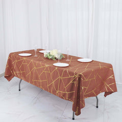 Polyester 60"x102" Rectangle Tablecloth Terracotta (Rust) with Gold Foil Geometric Pattern - Wrinkle-Resistant & Durable Table Cover