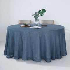 Faux Linen 120" Round Tablecloth Blue - Slubby Texture Wrinkle-Resistant Seamless Table Cover