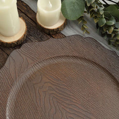 6-Pack Acrylic Round Charger Plates 13" in Rustic Brown with Wood Grain Scalloped Rim, Decorative Dinner Party Charger Tableware