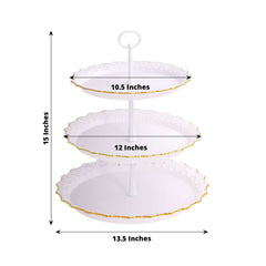 3-Tier Plastic Round Cupcake Stand 15" White with Lace Gold Rim Scalloped Edges