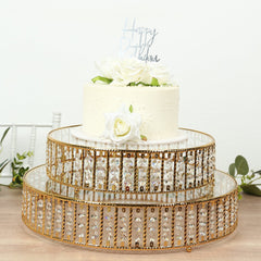 18" Round Gold Cake Stand with Hanging Crystal Beads and Glass Top – Metal Dessert Display Tray