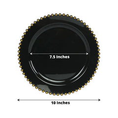 10-Pack Plastic 10" Round Dinner Plates in Black with Gold Beaded Rim - Disposable Party Plates for Banquets & Festive Occasions