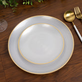 20-Pack 7" Plastic Salad Dessert Plates, Round Transparent Pearl White Swirl with Gold Rim – Crystal-Like Elegant Party Plates