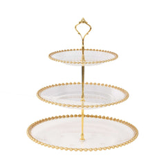 3-Tier Plastic Round Cupcake Tower Stand Clear - Versatile Dessert Display Tea Party Serving Platter with Gold Beaded Rim & Top Handle 14"