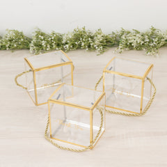 25 Pack Plastic Clear Square Gift Boxes with Gold Trim - Transparent Favor Boxes, Rope Handle, Pre-Printed Thank You Message - 4"x4"