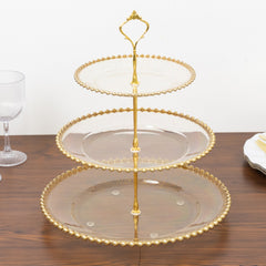 14" Clear Gold Glittered 3-Tier Plastic Dessert Display Stand With Gold Beaded Rim, Round Cupcake Tower Tea Party Serving Platter With Top Handle
