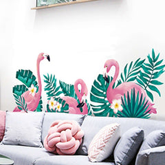 Green Tropical Palm Leaves and Flamingo Wall Decals, Peel Removable Stickers