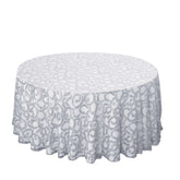 Tulle 120" Round Tablecloth Silver - Seamless Sequin Leaf Embroidered Table Cover