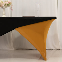 Stretch Spandex 72"x30" Rectangle Table Cover Black/Gold Cross Over Design - Two-Piece Fitted Tablecloth with Elastic Foot Pockets