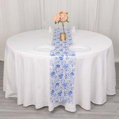 Satin 12"x108" Table Runner White with Blue French Toile Floral Pattern - Refined Style for Upscale Events