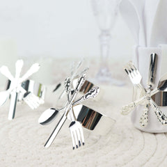 4 Pack Silver Metal Fork Knife Spoon Design Napkin Rings - Utensil Themed Napkin Holders