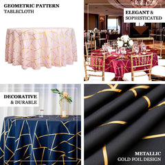 Polyester 120" Round Tablecloth White with Gold Foil Geometric Pattern Wrinkle-Resistant Modern Seamless Table Cover