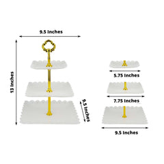 3-Tier Plastic Square Cupcake Stand Tower White - Charming Disposable Dessert Display Serving Tray Platter with Heart Wavy Edge & Gold Top Handle for Tea Parties Weddings & Special Occasions 13"