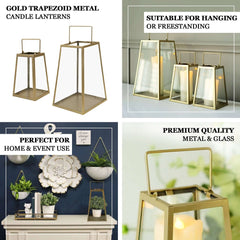 Metal Candle Lantern Trapezoid Geometric Design Gold - Hanging Terrarium Table Centerpiece for Indoor/Outdoor 10"