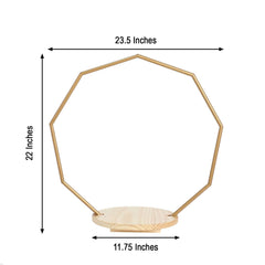 Metal Nonagon Floral Hoop Cake Stand Gold - Chic Geometric Dessert Display DIY Centerpiece Table Decoration With Wooden Base 22"