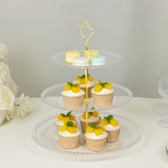 14" Clear 3-Tier Plastic Dessert Display Stand With Beaded Rim, Round Cupcake Tower Tea Party Serving Platter With Top Handle