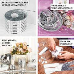 3 Pack Silver Self-Adhesive Glass Mirrors Mosaic Rolls, 9ft Mini Square Real Glass Mirror Tiles Stickers