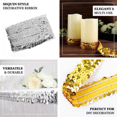 1"x10 Yards Metallic Silver Sequin Stretch Fabric Ribbon, Elastic Lace Trim, Shiny Glitter Craft Fabric