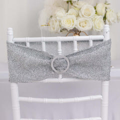 5 Pack Chair Sashes Shimmer Tinsel Spandex 5"x12" with Silver Rhinestone Buckles Silver - Stylish Decor for Weddings