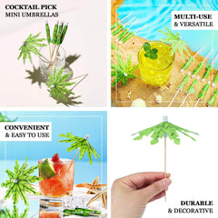 50-Pack Bamboo Cocktail Picks Tropical Leaf Parasol Design Green - Eco Friendly Disposable Drink Stick 6"