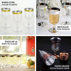 12 Pack Plastic Short Stem Wine Glasses Transparent Blush/Gold Rim - Stylish Disposable Drinkware 6oz